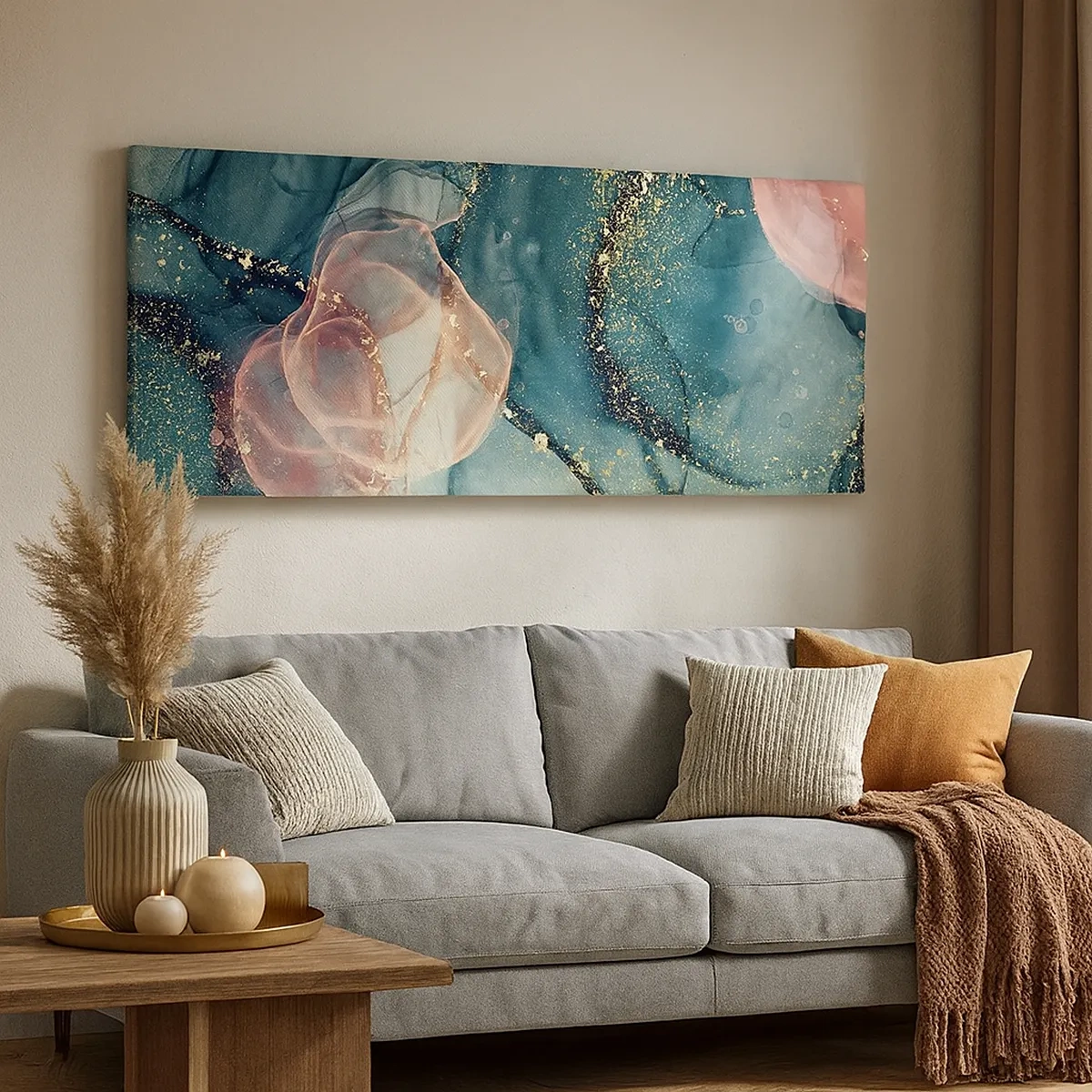 Quadro em tela - Azul seda, rosa tule - 30x30 cm