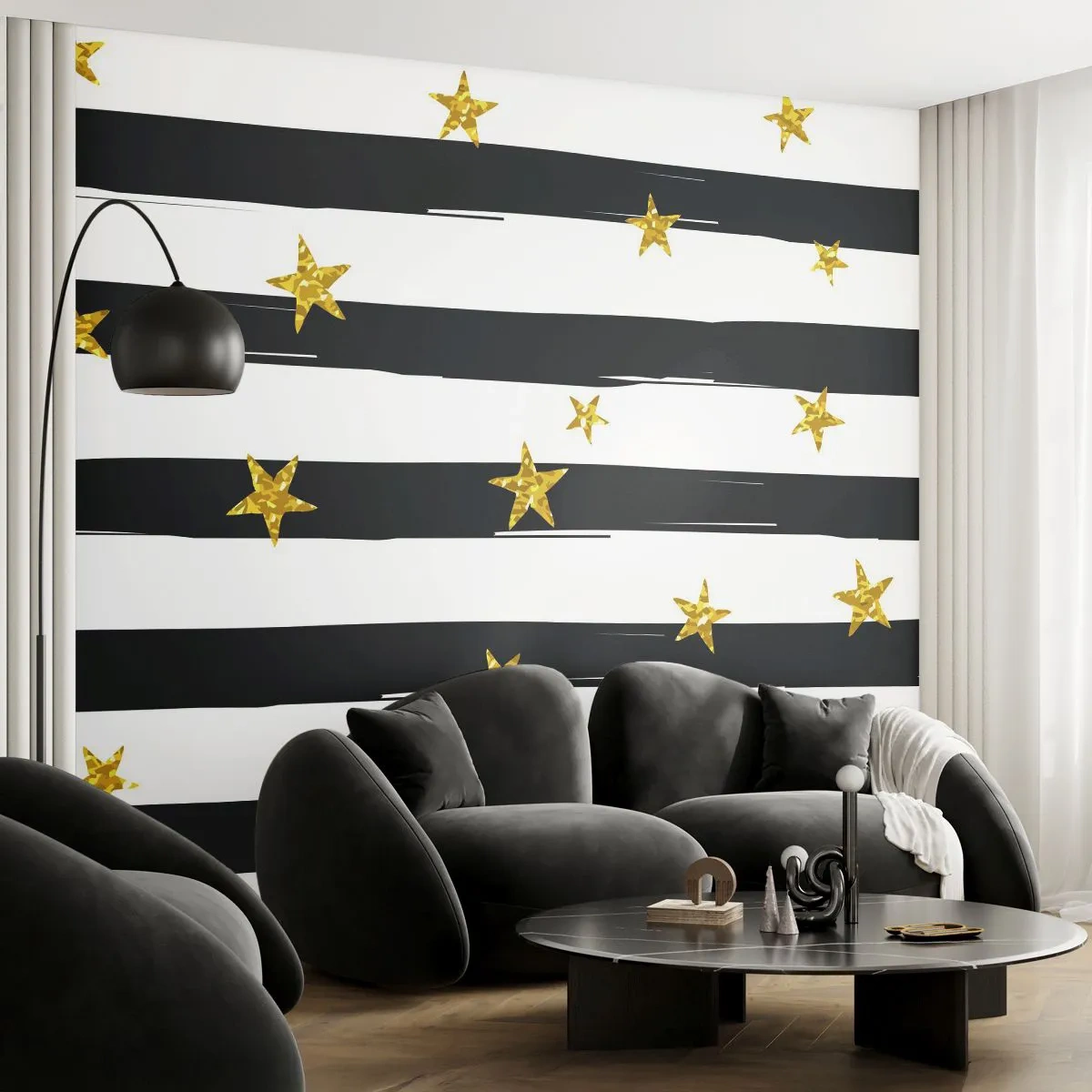 Papel de Parede Premium Canvas - Todos nós nascemos sob uma estrela da sorte - Gráficos, Estrela de Ouro, Listras pretas e brancas - 250x175 cm