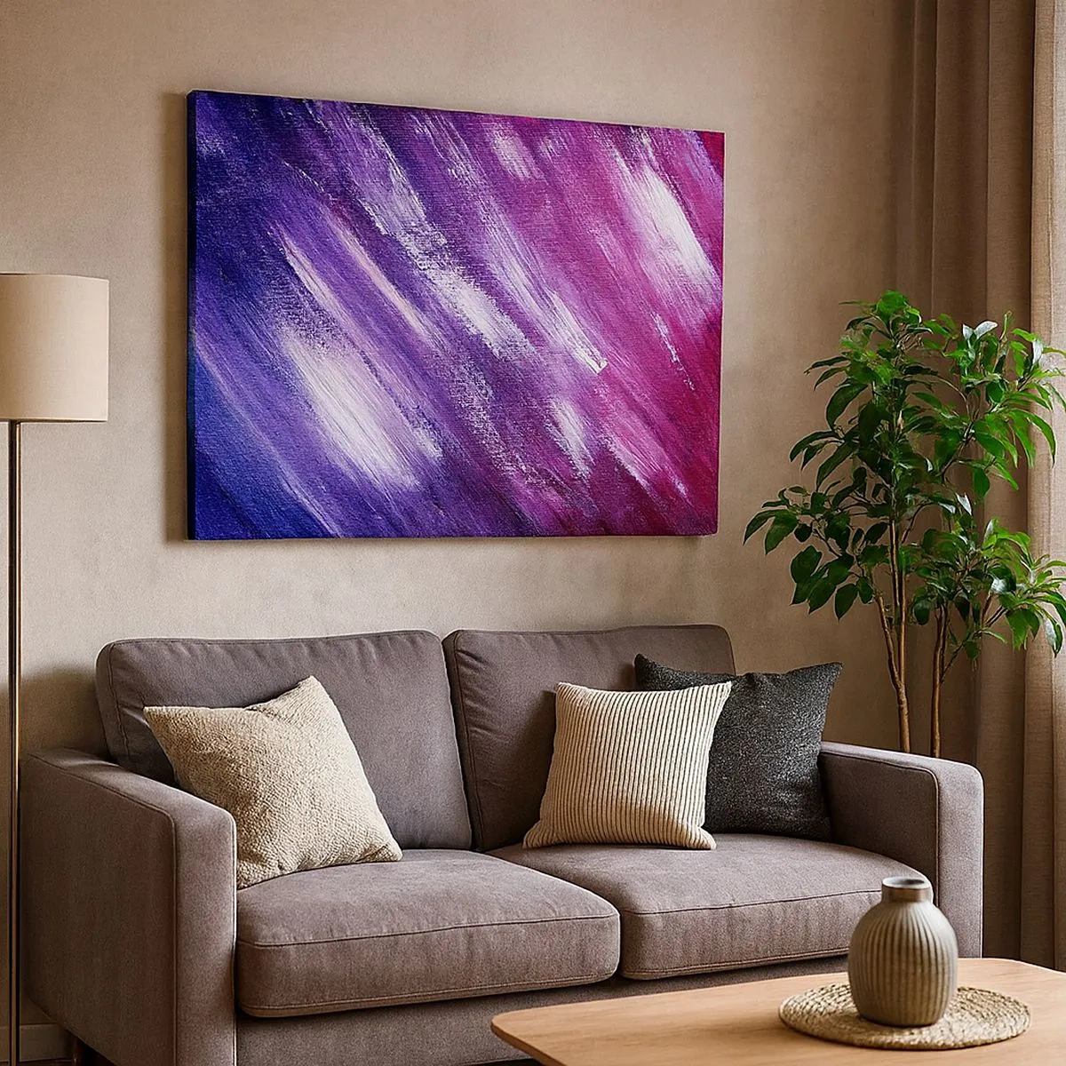 Quadro em tela - Pinceladas abstratas em tons de roxo e rosa - 70x50cm - Quando o vento sopra - Decoração de parede moderna para a sala de estar e quarto ARTTOR