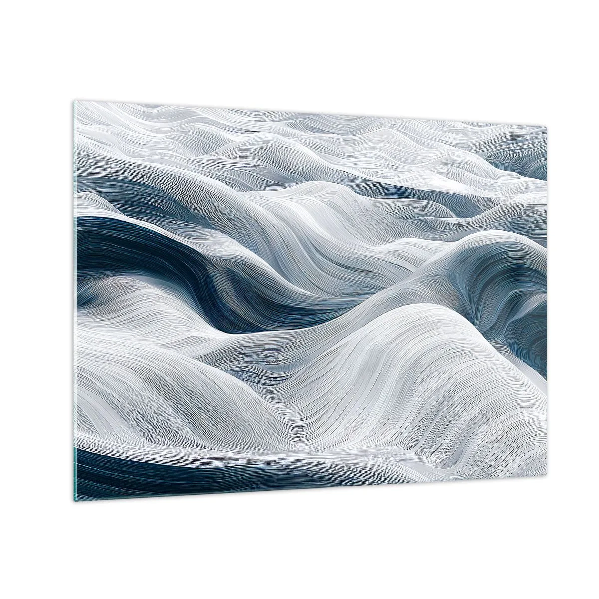 Quadro em vidro - Ondas abstratas em tons de branco e azul criando um efeito de movimento - 70x50cm - Ondas brancas e azuis - Decoração de parede moderna para a sala de estar e quarto ARTTOR