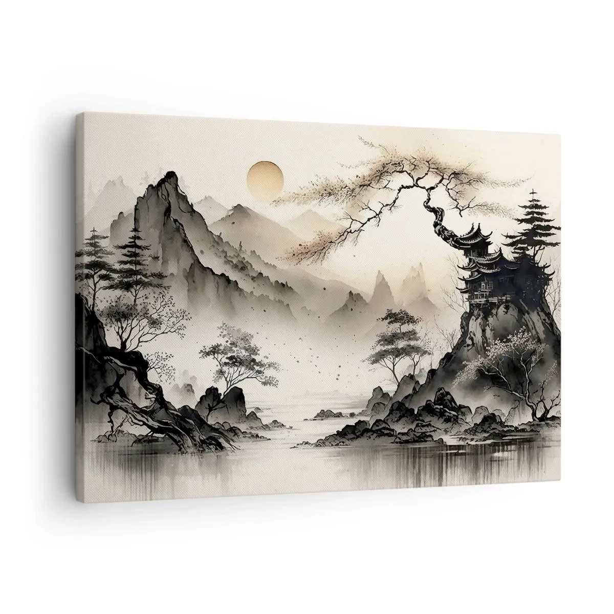 Quadro em tela - Uma paisagem oriental com montanhas e um pagode em tons delicados. - 70x50cm - O charme único do Oriente - Decoração de parede moderna para a sala de estar e quarto ARTTOR