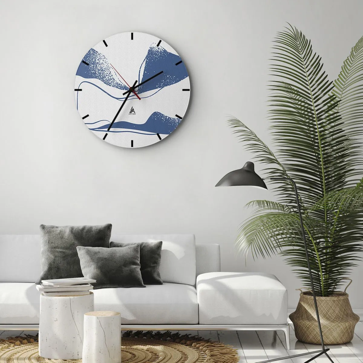 Relógio de parede - Relógio em vidro - Abstração gráfica com asas azuis em fundo branco - 30x30cm - Abstração alada - Decoração de parede moderna para a sala de estar, cozinha e quarto ARTTOR