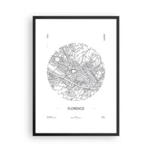 Pôster com moldura preta - Um mapa minimalista de Florença em preto e branco. - 50x70cm - A anatomia de Florença - Decoração de parede moderna para a sala de estar e quarto ARTTOR