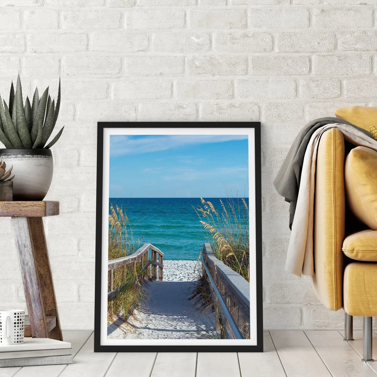 Pôster com moldura preta - Entrada para a praia com vista para o mar - 50x70cm - Ao sol, ao vento - Decoração de parede moderna para a sala de estar e quarto ARTTOR