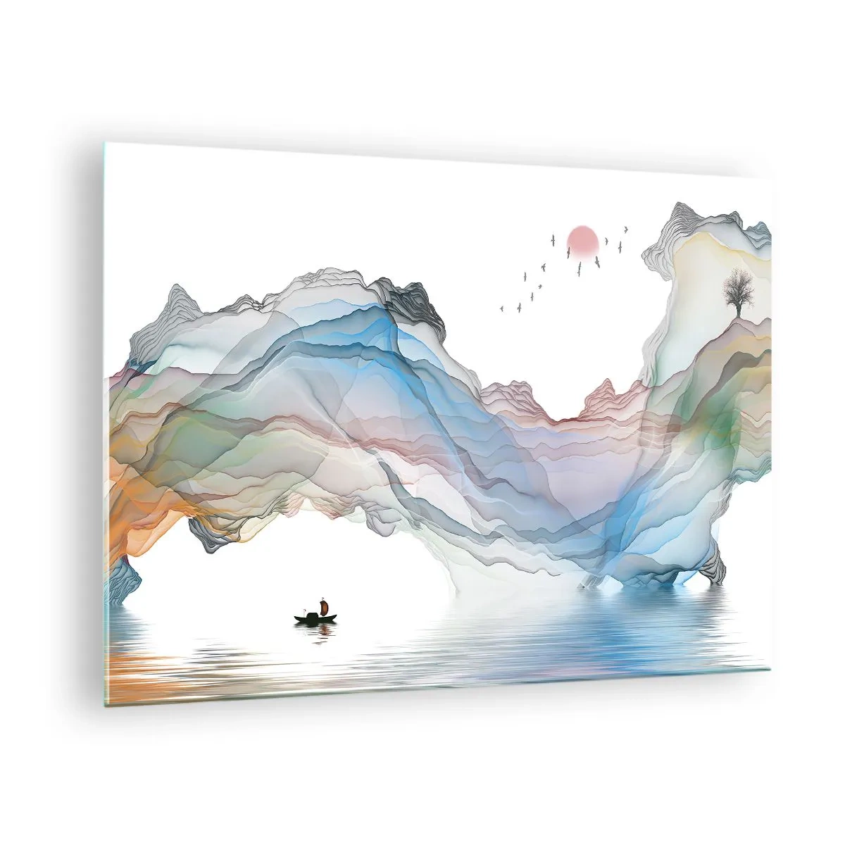 Quadro em vidro - Montanhas coloridas com um barco na água em estilo aquarela - 70x50cm - Em direção às montanhas de cristal - Decoração de parede moderna para a sala de estar e quarto ARTTOR