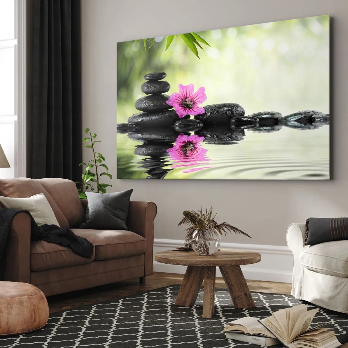 Quadro em tela - Pedras zen e uma flor rosa refletida na água - 70x50cm - Tempo para a alma - Decoração de parede moderna para a sala de estar e quarto ARTTOR