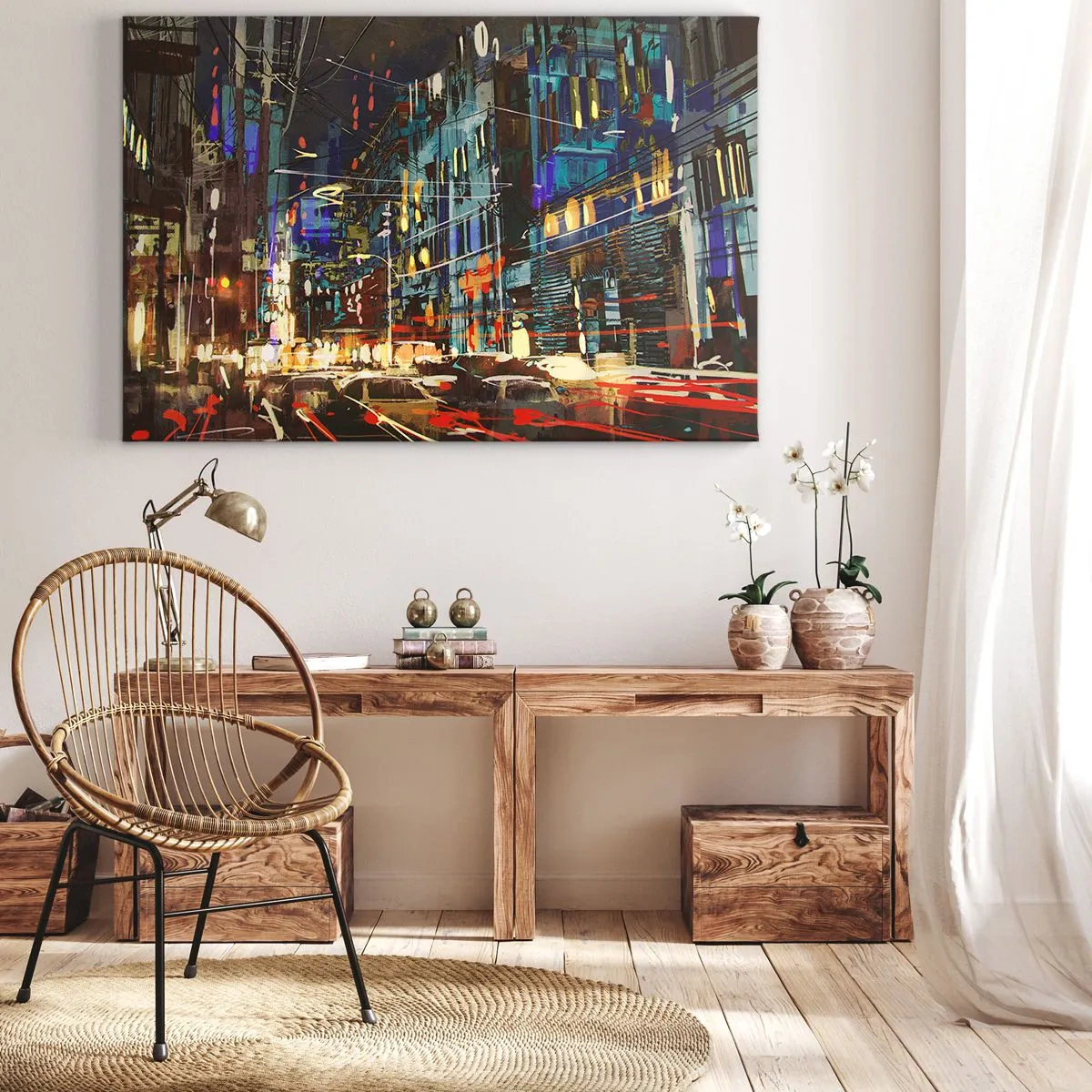 Quadro em tela - Cena noturna da cidade com luzes de neon - 70x50cm - O alvoroço da rua à noite - Decoração de parede moderna para a sala de estar e quarto ARTTOR