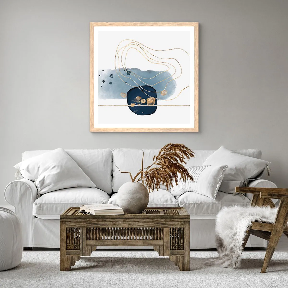 Pôster com moldura de carvalho claro - Fantasia azul e dourada - 30x30 cm