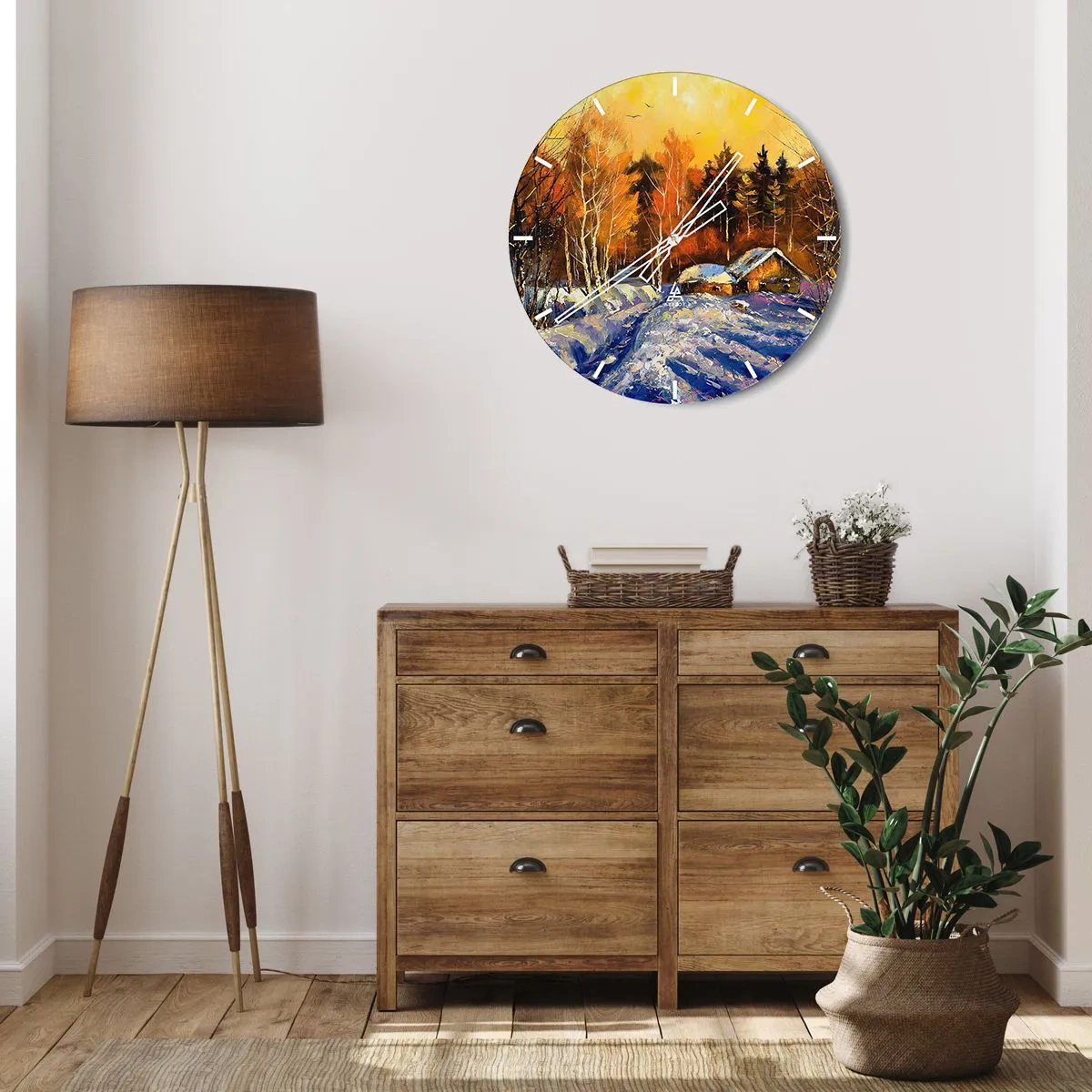 Relógio de parede - Relógio em vidro - Uma casa pitoresca em uma floresta de inverno iluminada por um pôr do sol quente - 30x30cm - Impressão de inverno ao sol - Decoração de parede moderna para a sala de estar, cozinha e quarto ARTTOR