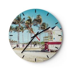 Relógio de parede - Relógio em vidro - Miami Beach com palmeiras e um prédio colorido de salva-vidas - 30x30cm - Um belo dia pela frente - Decoração de parede moderna para a sala de estar, cozinha e quarto ARTTOR