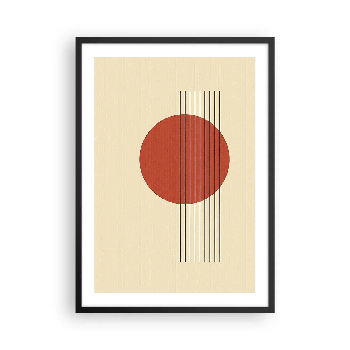 Pôster com moldura preta - Composição geométrica com um círculo vermelho - 50x70cm - Em círculo e mais além - Decoração de parede moderna para a sala de estar e quarto ARTTOR