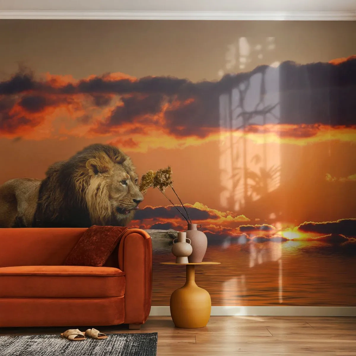 Papel de Parede Autocolante Deluxe Sticker - Rei da natureza - Leão, Pôr do sol, Animais - 250x175 cm