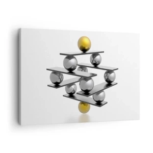 Quadro em tela - Composição geométrica com bolas de metal e detalhes dourados - 70x50cm - Equilíbrio de ouro e prata - Decoração de parede moderna para a sala de estar e quarto ARTTOR