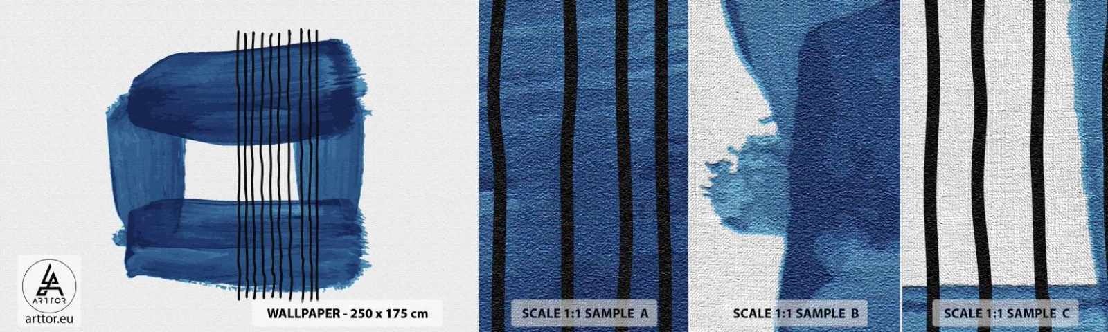 Amostra de papel de parede Premium Canvas - Composição azul-negra - Abstração, Pedaço, Arte Moderna - 100x30 cm