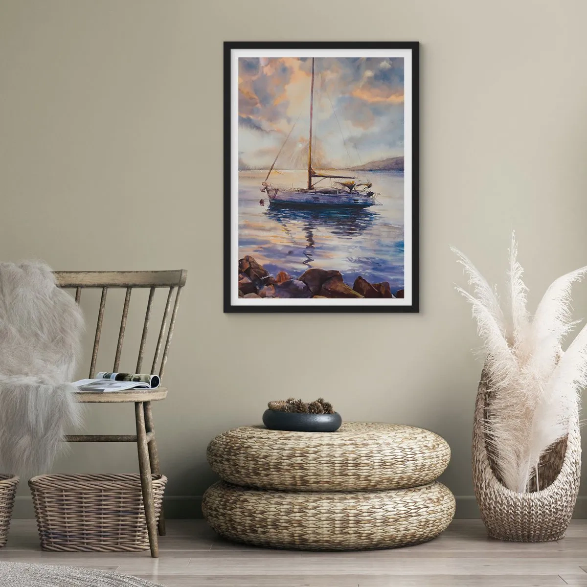 Pôster com moldura preta - Um veleiro em águas calmas sob a luz do pôr do sol - 50x70cm - Noite na baía - Decoração de parede moderna para a sala de estar e quarto ARTTOR