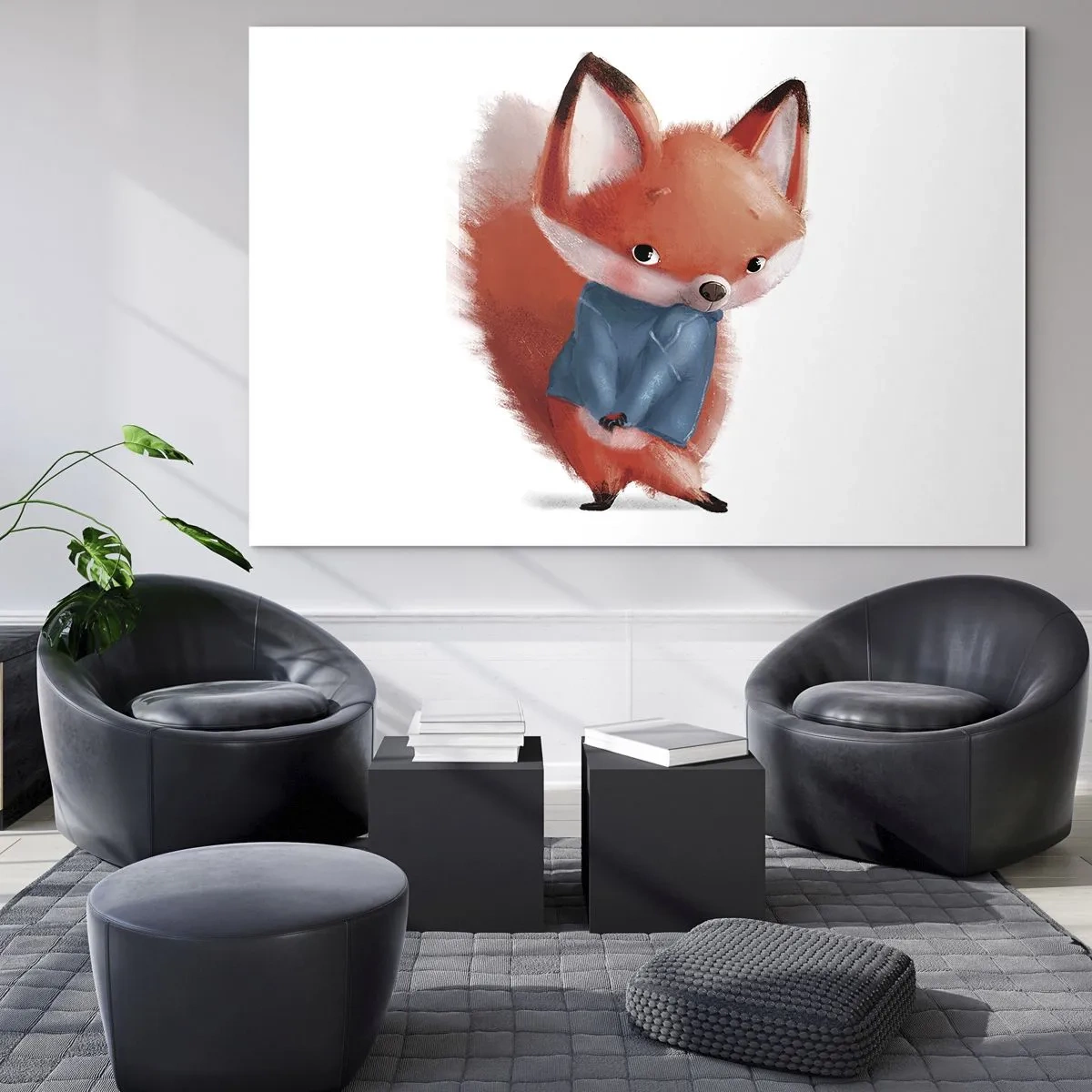 Quadro em vidro - Uma raposa fofa com um suéter azul sobre um fundo branco - 70x50cm - Fico bonito nisto? - Decoração de parede moderna para a sala de estar e quarto ARTTOR