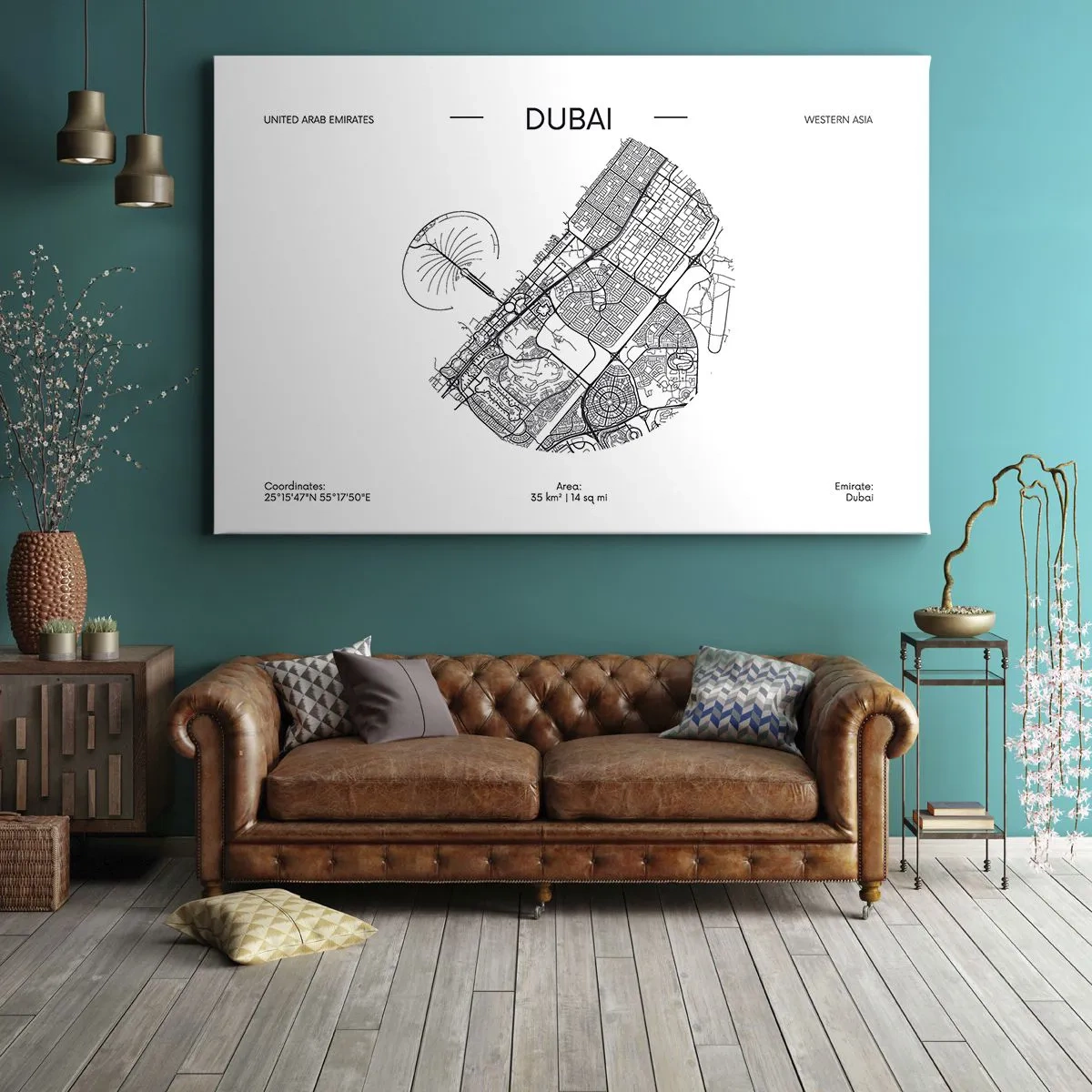 Quadro em tela - Um mapa minimalista em preto e branco de Dubai com marcações de localização. - 70x50cm - Anatomia de Dubai - Decoração de parede moderna para a sala de estar e quarto ARTTOR