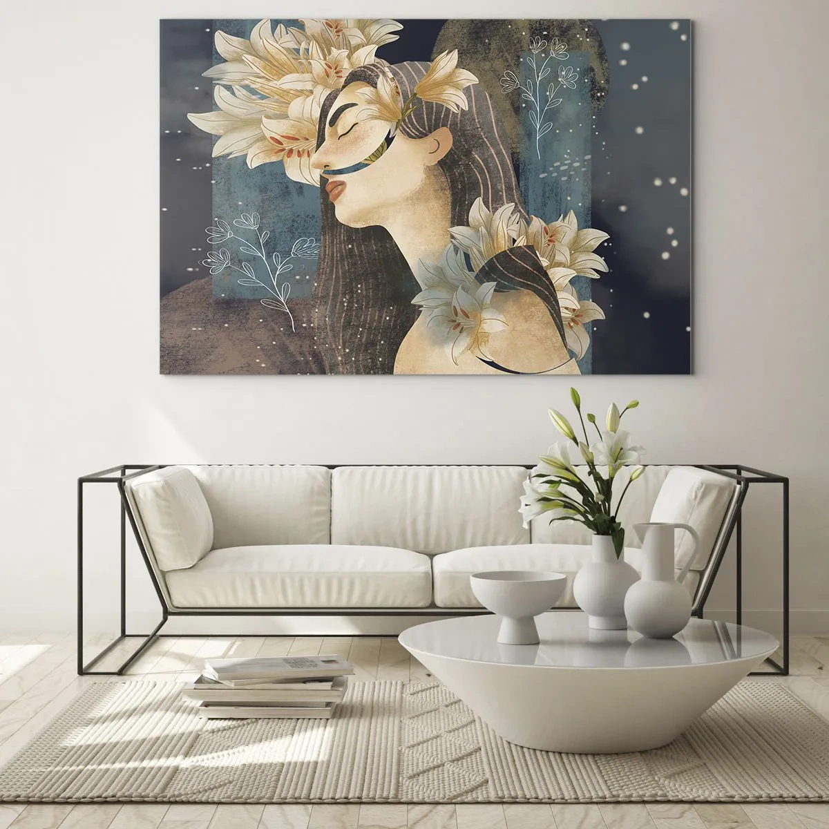 Quadro em vidro - Uma figura feminina com lírios em estilo de conto de fadas - 70x50cm - O conto da princesa com lírios - Decoração de parede moderna para a sala de estar e quarto ARTTOR