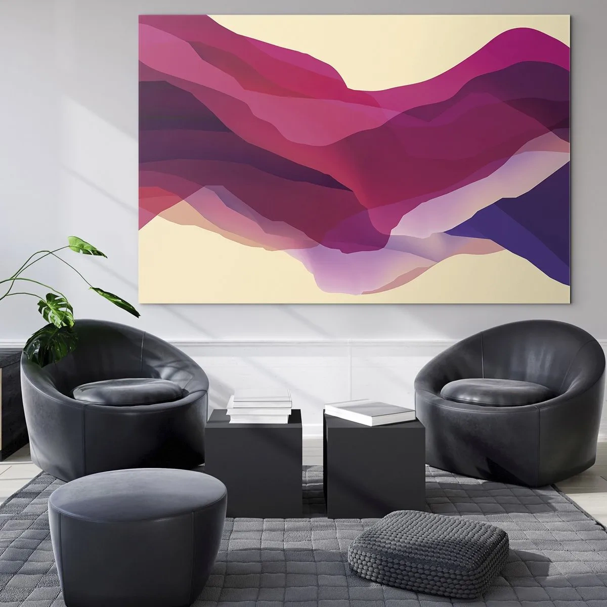 Quadro em vidro - Ondas abstratas em tons de roxo e rosa sobre um fundo claro - 70x50cm - Ondas de roxo - Decoração de parede moderna para a sala de estar e quarto ARTTOR