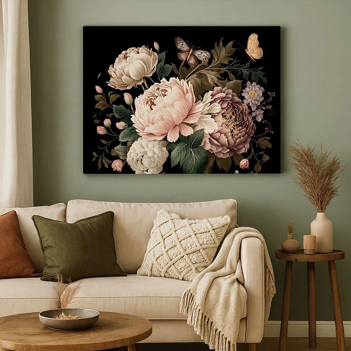 Quadro em tela - Um buquê de flores rosas e borboletas em um fundo preto - 70x50cm - Em estilo barroco - Decoração de parede moderna para a sala de estar e quarto ARTTOR