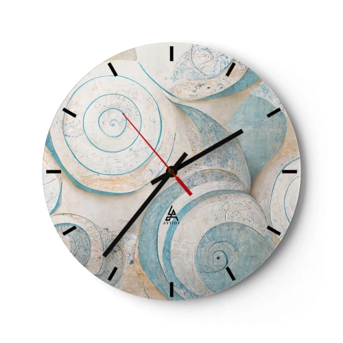 Relógio de parede - Relógio em vidro - Espirais artísticas em estilo concha em tons de azul e bege - 30x30cm - O que há dentro da casca? - Decoração de parede moderna para a sala de estar, cozinha e quarto ARTTOR