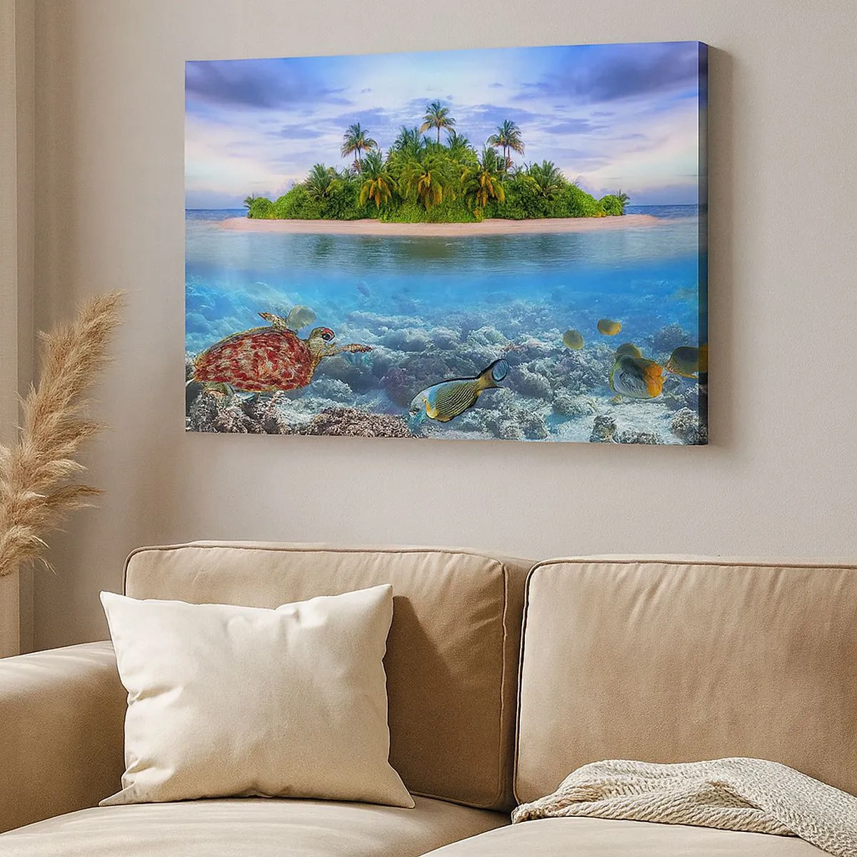 Quadro em tela - Uma ilha tropical cercada por um oceano azul-turquesa com um recife de corais e peixes. - 70x50cm - A Ilha Celestial lhe convida - Decoração de parede moderna para a sala de estar e quarto ARTTOR