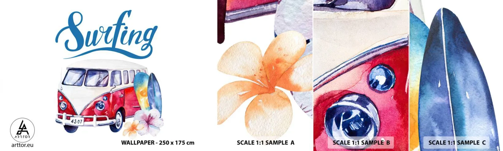 Amostra de papel de parede autocolante Deluxe Sticker - Pepino - um clássico para um surfista - Ônibus antigo, Viagens, Prancha de surfe - 100x30 cm