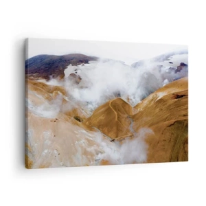 Quadro em tela - Uma paisagem montanhosa com vapor em um clima severo - 70x50cm - A beleza crua da Islândia - Decoração de parede moderna para a sala de estar e quarto ARTTOR