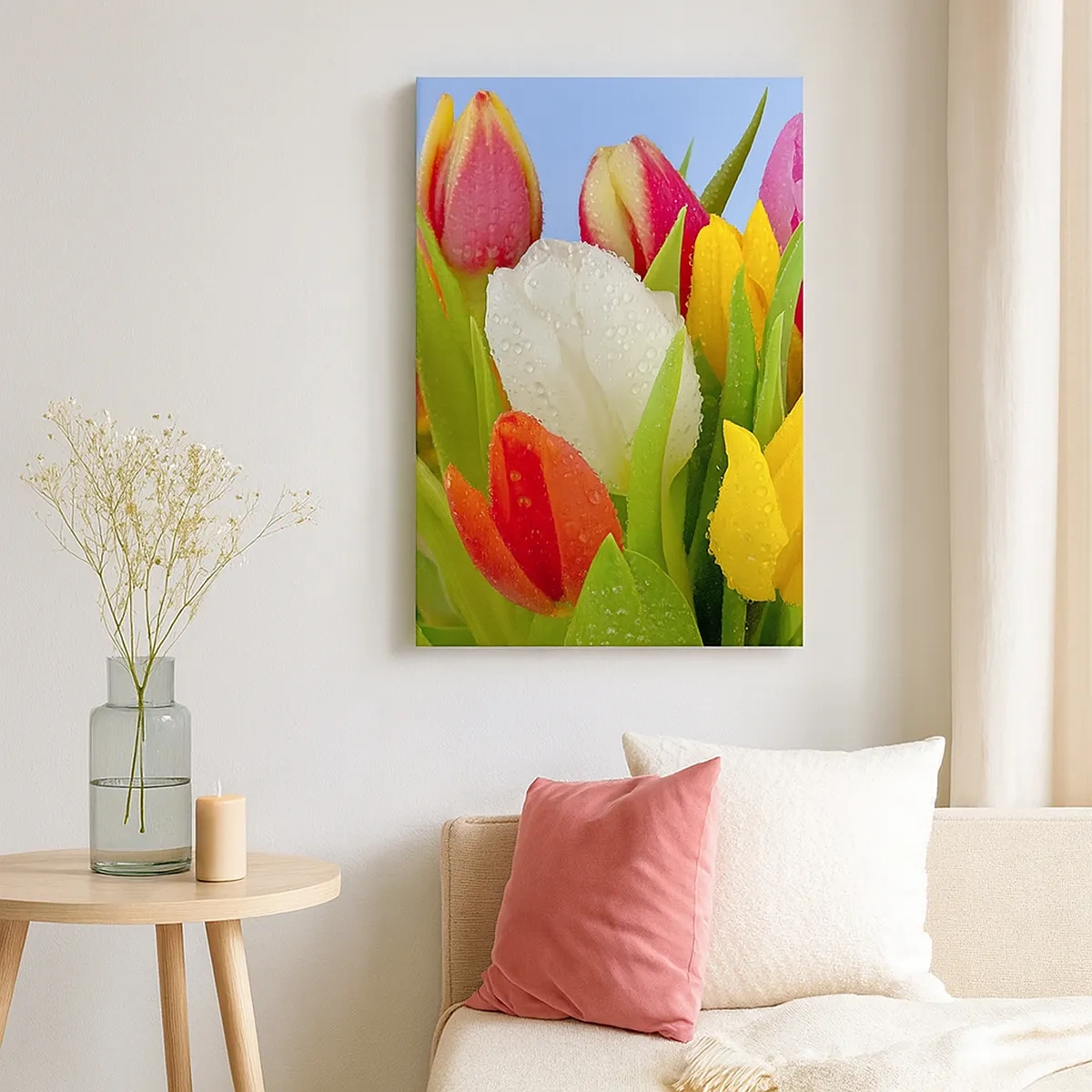 Quadro em tela - Arco-íris floral em gotas de orvalho - 50x70 cm