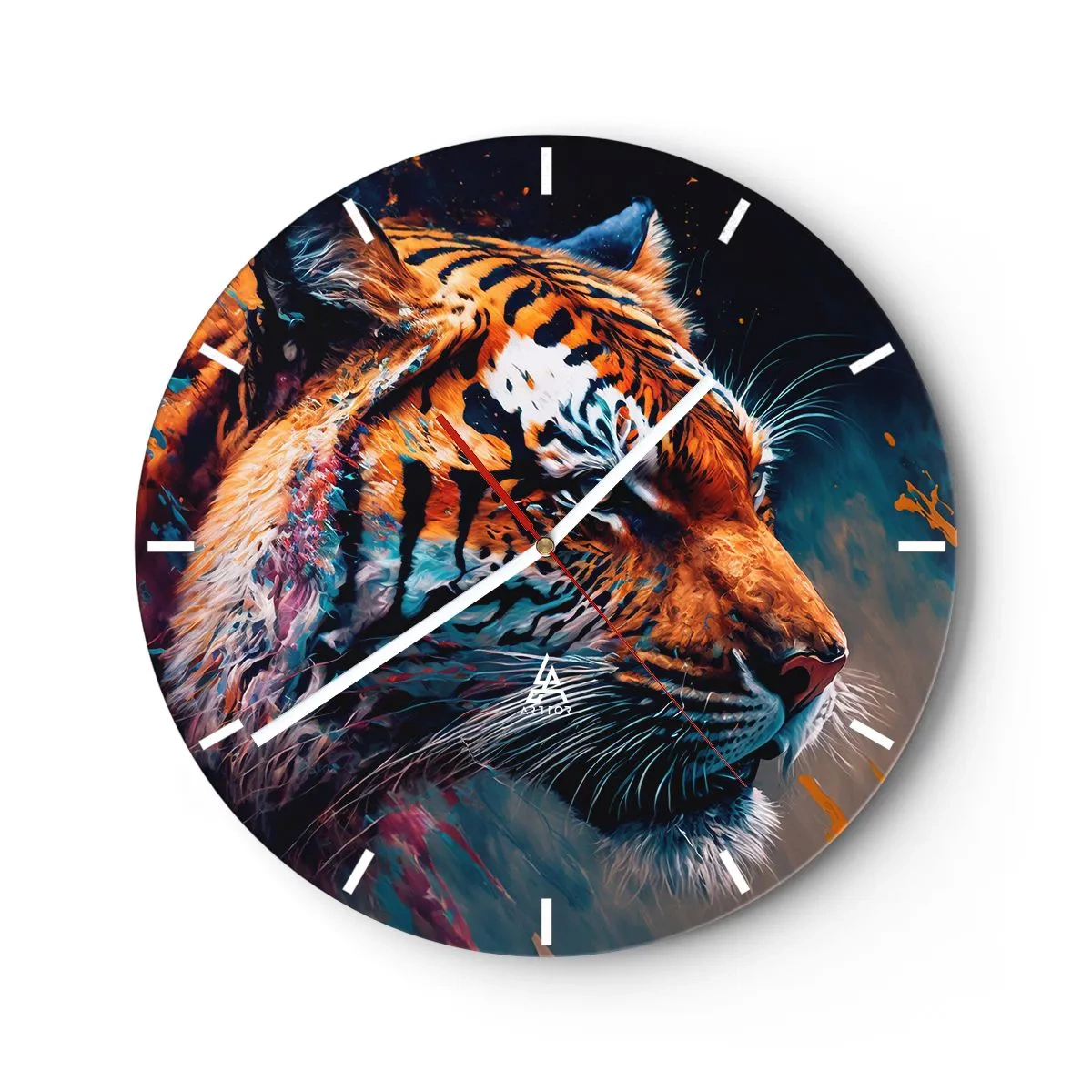Relógio de parede - Relógio em vidro - Retrato de um tigre em cores intensas com toques pictóricos - 30x30cm - Beleza selvagem - Decoração de parede moderna para a sala de estar, cozinha e quarto ARTTOR