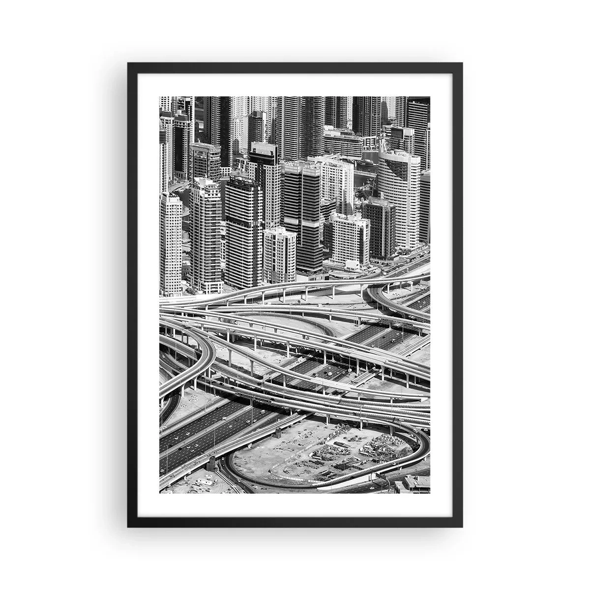 Pôster com moldura preta - Panorama da cidade com rede rodoviária em estilo preto e branco - 50x70cm - Dubai – uma cidade impossível - Decoração de parede moderna para a sala de estar e quarto ARTTOR
