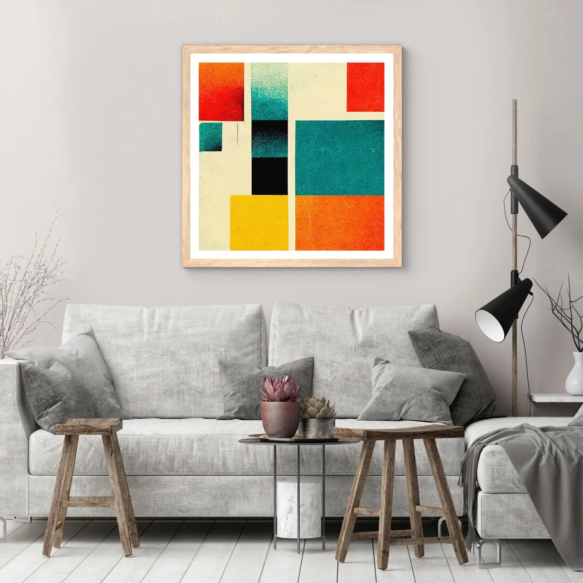 Pôster com moldura de carvalho claro - Abstração geométrica – boa energia - 40x40 cm