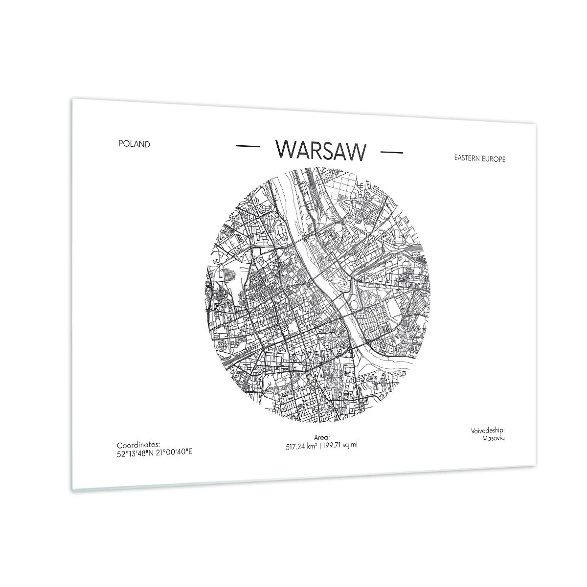 Quadro em vidro - Mapa de Varsóvia em forma de ilustração gráfica - 70x50cm - Anatomia de Varsóvia - Decoração de parede moderna para a sala de estar e quarto ARTTOR