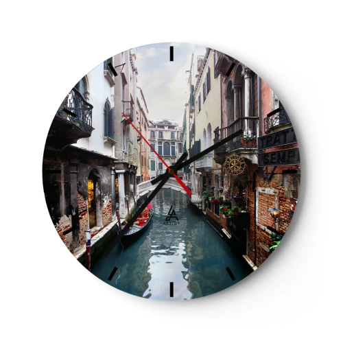 Relógio de parede - Relógio em vidro - Um canal veneziano com uma gôndola entre os cortiços - 30x30cm - Paisagem veneziana com gôndola e ponte - Decoração de parede moderna para a sala de estar, cozinha e quarto ARTTOR
