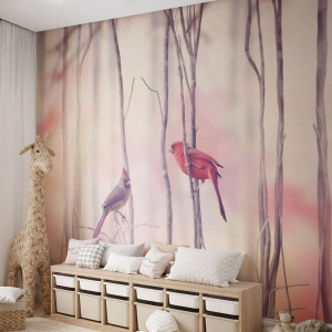 Papel de Parede Premium Canvas - O Conto da floresta rosa - Pássaro, Natureza, Floresta - 200x140 cm