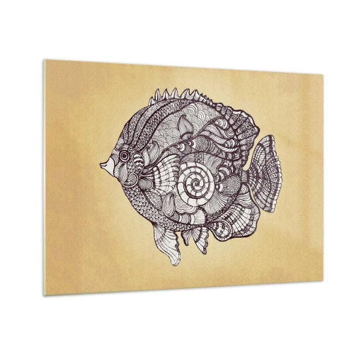 Quadro em vidro - Um peixe de desenho animado com enfeites em um fundo bege - 70x50cm - De um oceano de enfeites - Decoração de parede moderna para a sala de estar e quarto ARTTOR