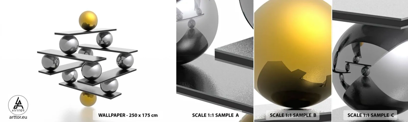 Amostra de papel de parede autocolante Deluxe Sticker - Equilíbrio de ouro e prata - Abstração, Bolas Metálicas, 3D - 100x30 cm