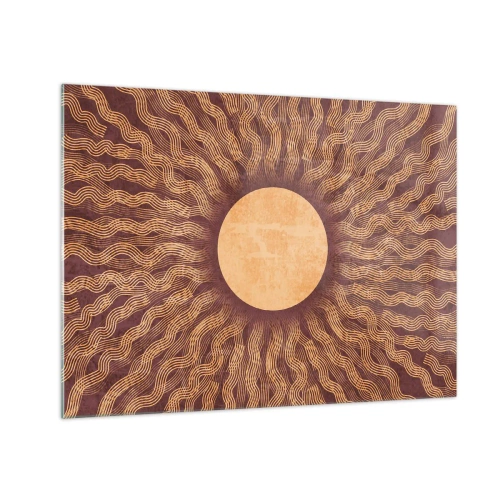 Quadro em vidro - Um sol estilizado com raios em forma de linhas onduladas sobre um fundo marrom. - 70x50cm - Ícone do sol - Decoração de parede moderna para a sala de estar e quarto ARTTOR