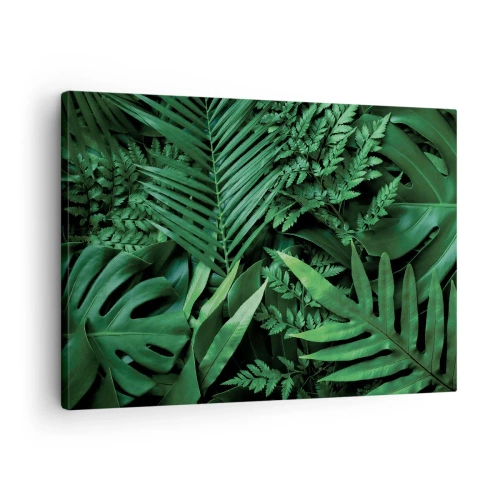 Quadro em tela - Folhas tropicais verdes em uma composição densa e natural - 70x50cm - Envolto em verde - Decoração de parede moderna para a sala de estar e quarto ARTTOR