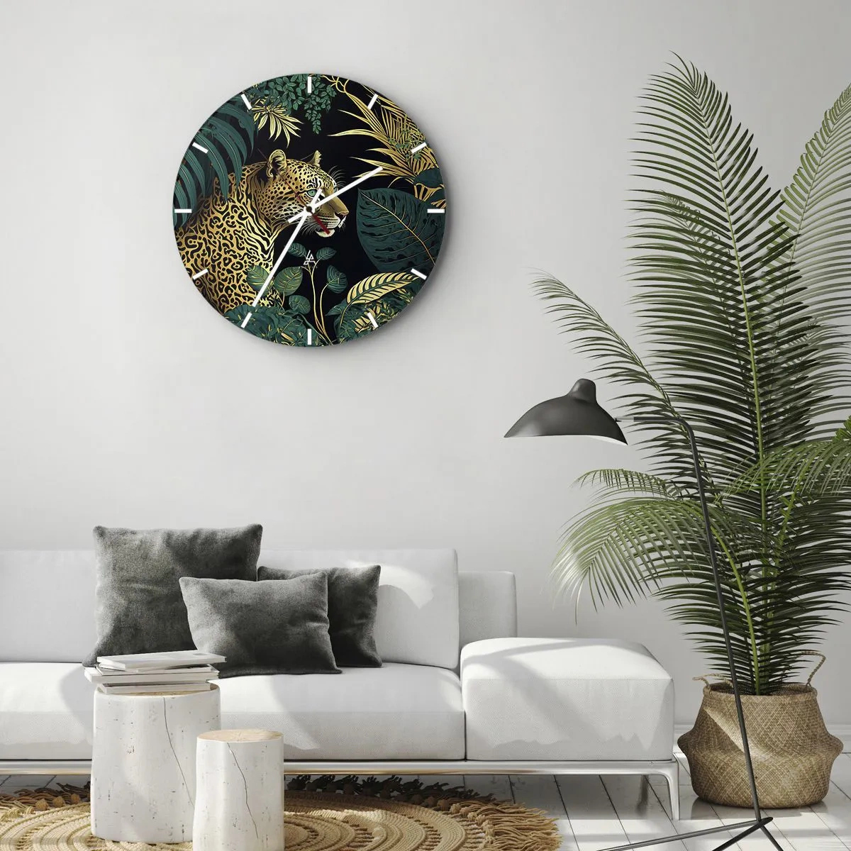 Relógio de parede - Relógio em vidro - Leopardo entre folhas tropicais em um fundo preto - 30x30cm - Um anfitrião na selva - Decoração de parede moderna para a sala de estar, cozinha e quarto ARTTOR