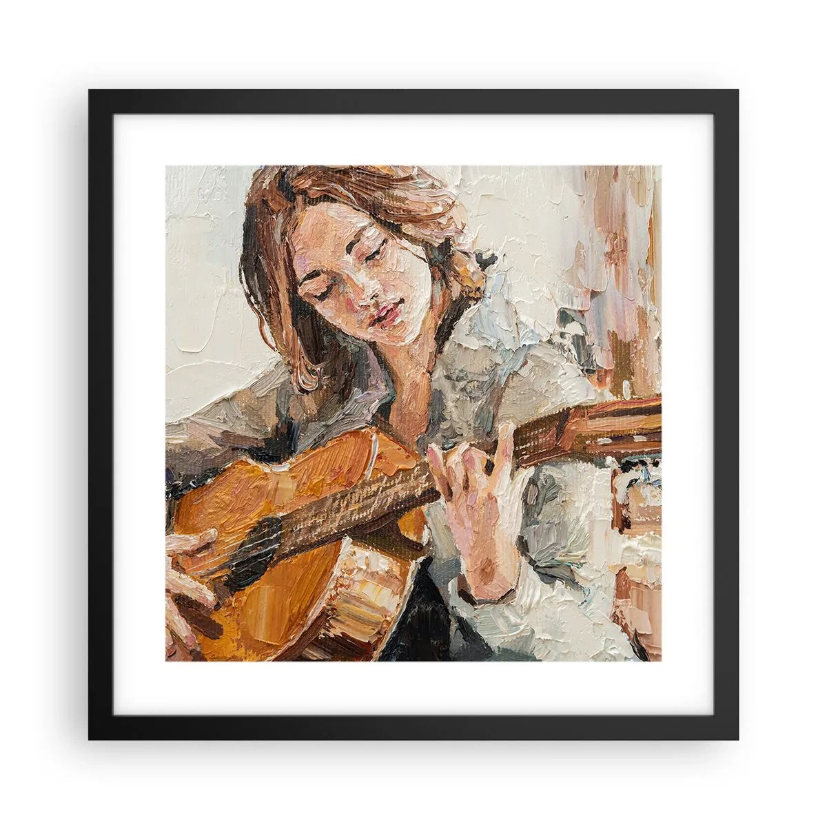 Pôster com moldura preta - Concerto de violão e coração de rapariga - 40x40 cm