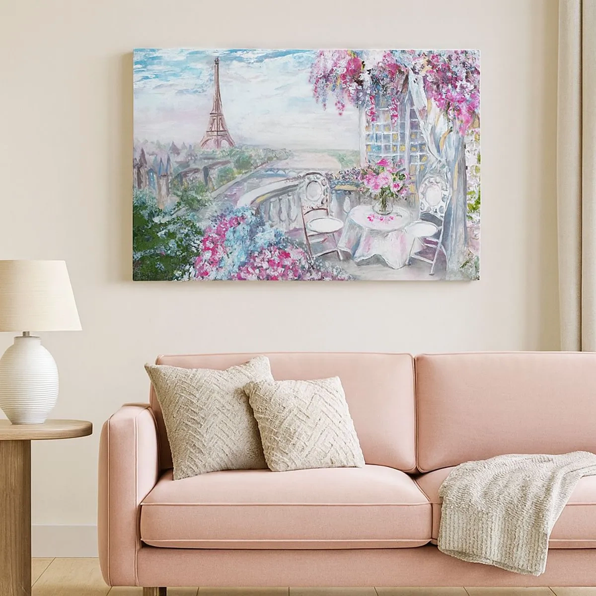 Quadro em tela - Uma vista romântica de Paris com a Torre Eiffel e uma varanda cheia de flores - 70x50cm - É mais bonito aqui em maio - Decoração de parede moderna para a sala de estar e quarto ARTTOR