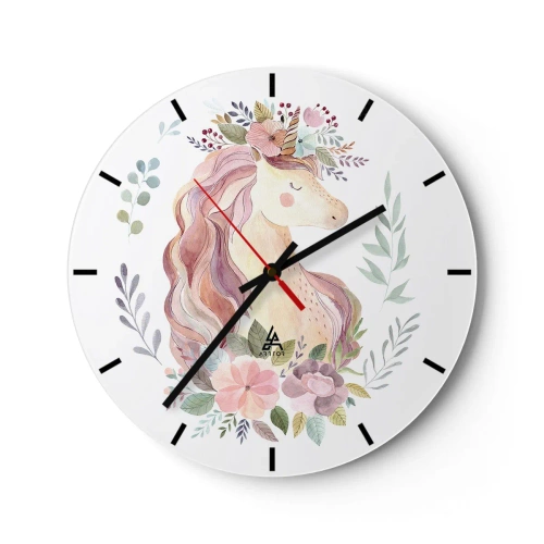 Relógio de parede - Relógio em vidro - Cabeça de unicórnio em aquarela com coroa de flores - 30x30cm - Um convite ao mundo dos contos de fadas - Decoração de parede moderna para a sala de estar, cozinha e quarto ARTTOR