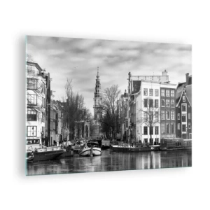 Quadro em vidro - Vista em preto e branco de um canal em Amsterdã - 70x50cm - Vibrações de Amsterdã - Decoração de parede moderna para a sala de estar e quarto ARTTOR