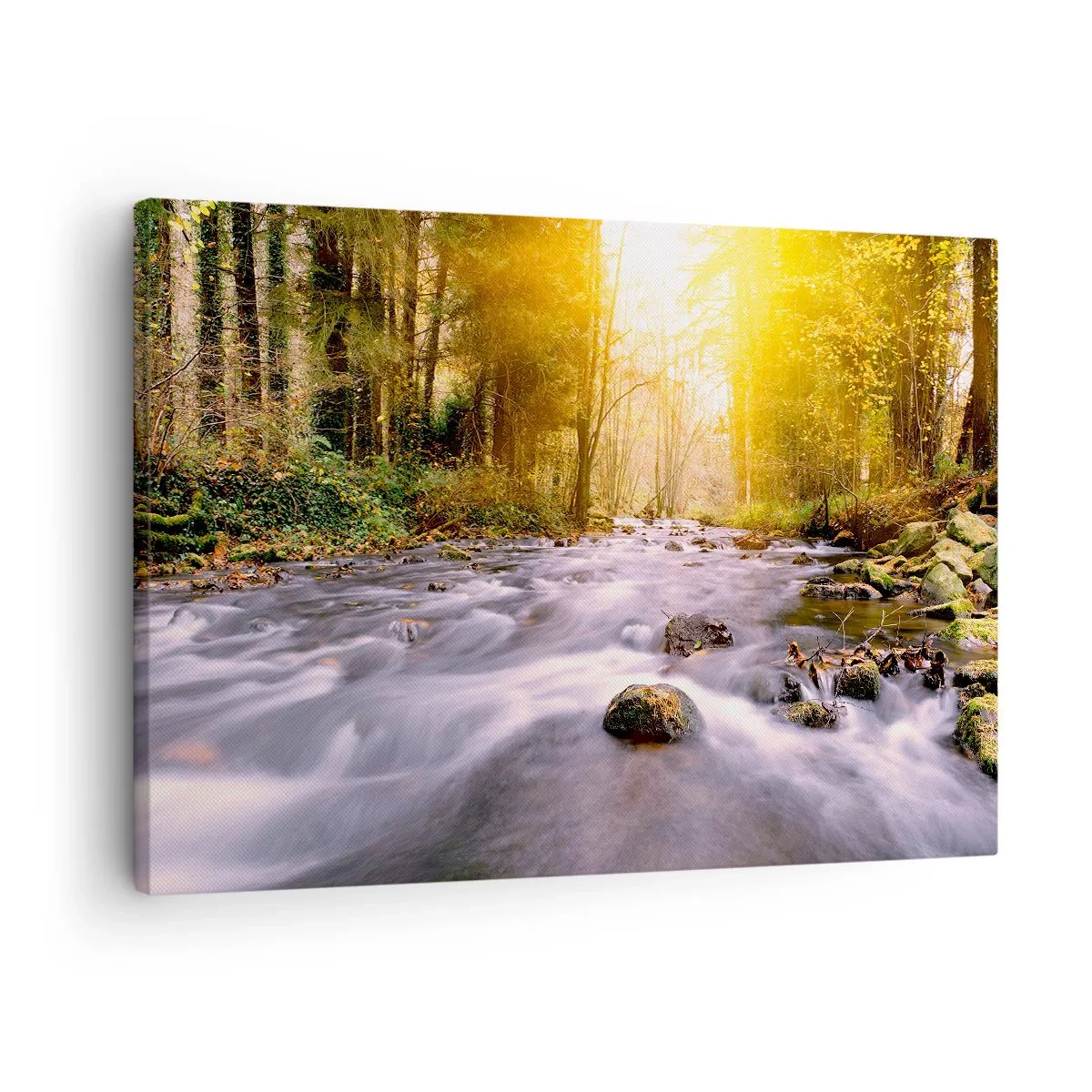 Quadro em tela - Um riacho na floresta iluminado pelos raios do sol - 70x50cm - Malaquita em um cenário de ouro e prata - Decoração de parede moderna para a sala de estar e quarto ARTTOR