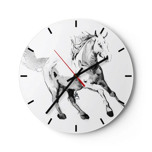 Relógio de parede - Relógio em vidro - Desenho de um cavalo galopando em um fundo branco - 30x30cm - Alma Indomável - Decoração de parede moderna para a sala de estar, cozinha e quarto ARTTOR