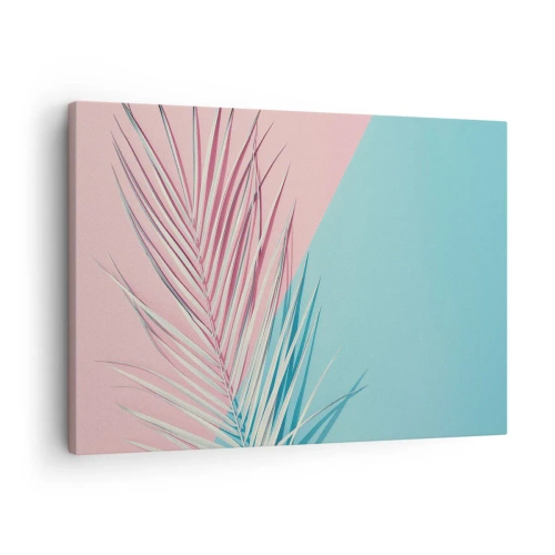 Quadro em tela - Folha tropical sobre um fundo de tons pastéis de rosa e azul - 70x50cm - Impressão tropical - Decoração de parede moderna para a sala de estar e quarto ARTTOR