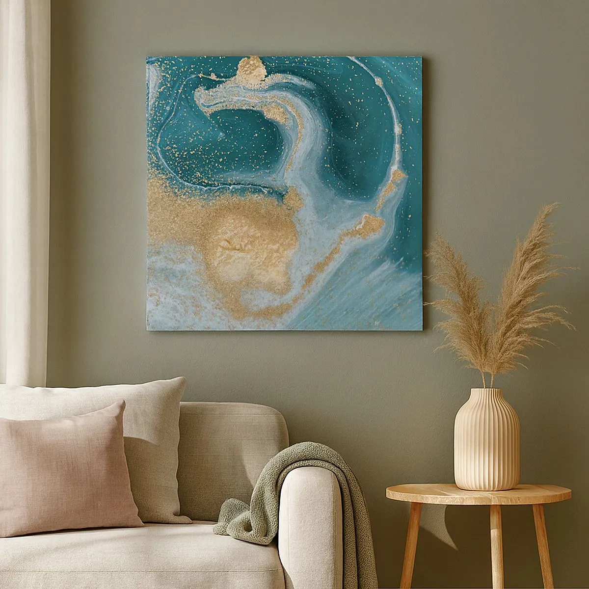 Quadro em tela - Um vórtice de ouro e turquesa - 30x30 cm