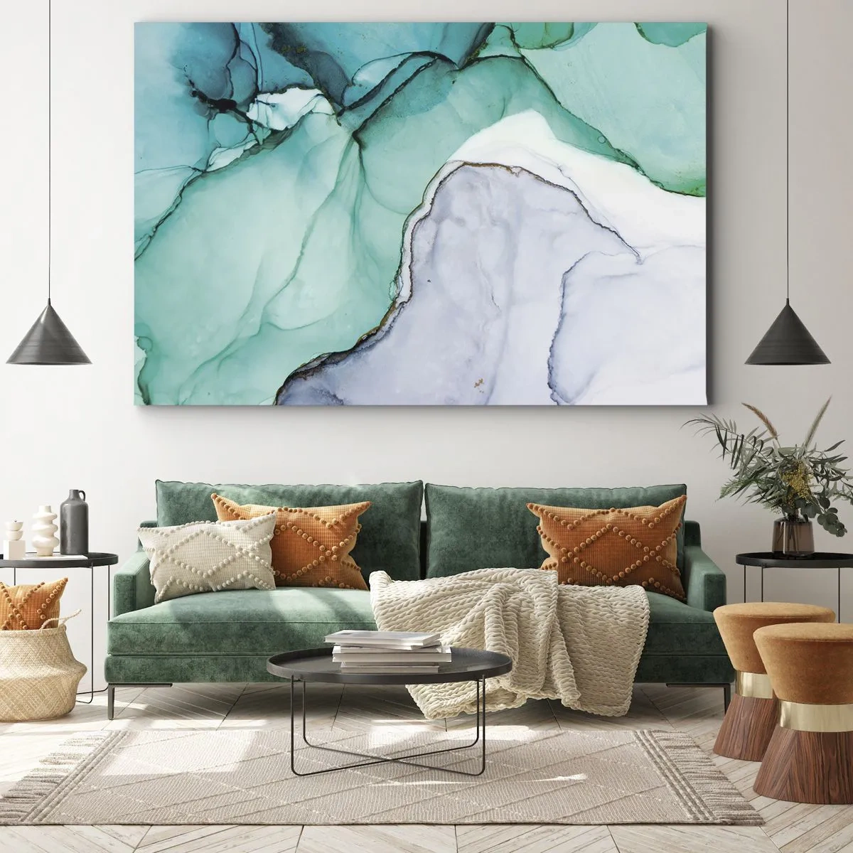 Quadro em tela - Padrão abstrato em tons de turquesa e branco - 70x50cm - Estudo em turquesa - Decoração de parede moderna para a sala de estar e quarto ARTTOR
