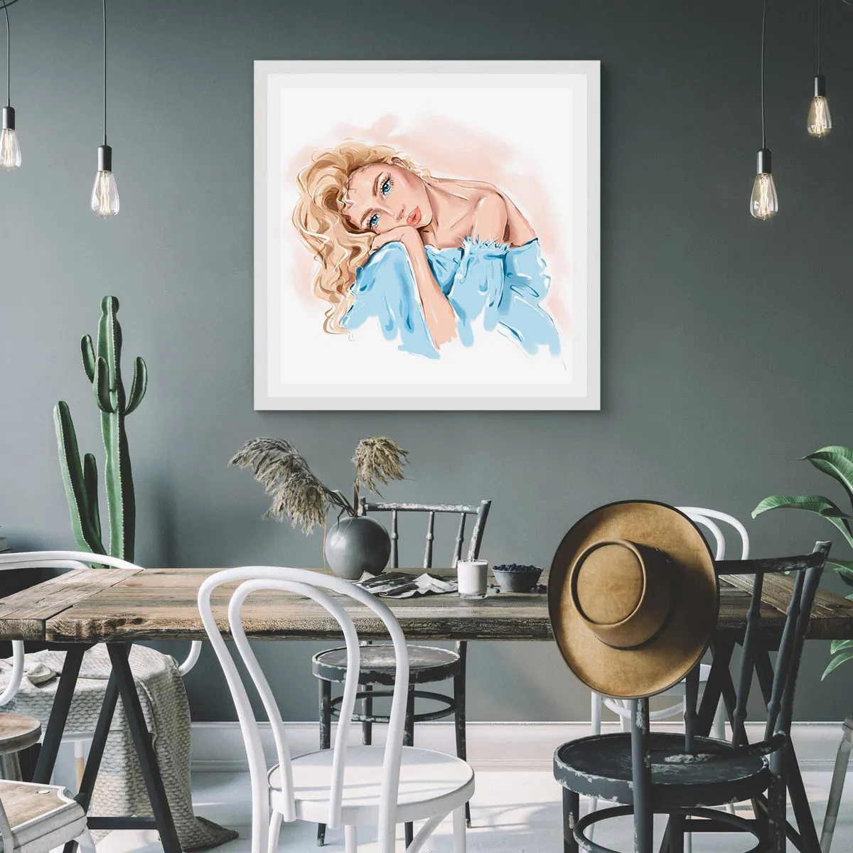 Pôster em moldura branca - Sonhadora em azul - 60x60 cm